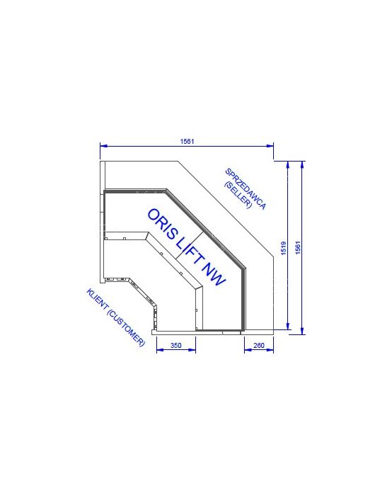 NW ORIS LIFT - Belső sarokpult nyitható teleszkópos frontüveggel - ventilációs, 1,3 m² bemutatófelülettel